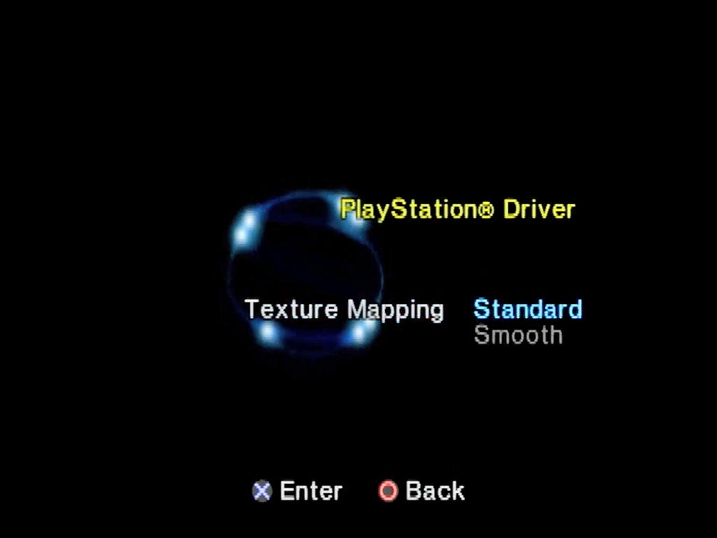 PlayStation 2 PS1 driver menu showing texture mapping options.