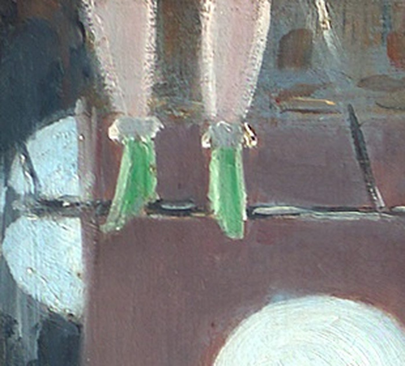 Detail of Manet's A Bar at the Folies Bergère: the green slippered feet of a trapeze artist hanging in the top left corner of the painting. Detail of Manet's A Bar at the Folies Bergère: the green slippered feet of a trapeze artist hanging in the top left corner of the painting.