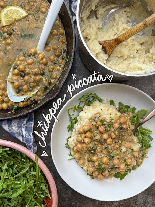 Bright, bold, and comforting—Shutterbean’s Chickpea Piccata is served over creamy mashed potatoes with a generous handful of peppery arugula. A fast, flavorful, plant-based dinner loaded with lemon, garlic, and capers. Perfect for a cozy weeknight meal that feels like a restaurant dish.