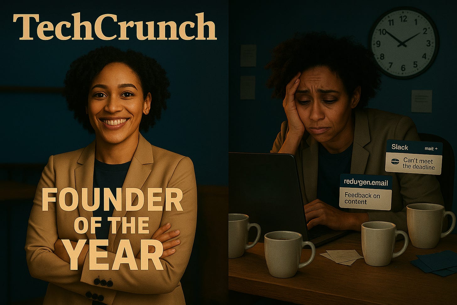 Split image showing the contrast between a smiling award-winning founder and the same founder stressed at work, revealing startup journey insights. Split image showing the contrast between a smiling award-winning founder and the same founder stressed at work, revealing startup journey insights.