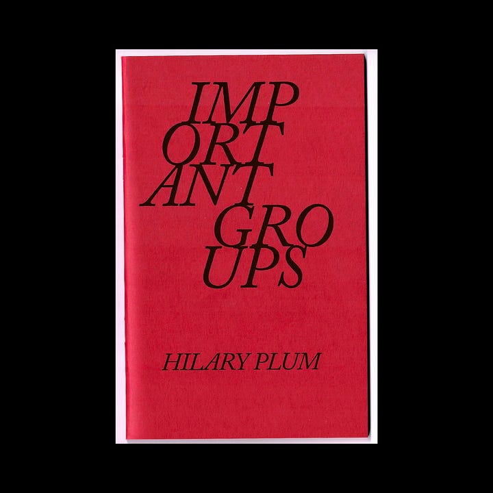Images of the front and back cover of the chapbook "Important Groups," in red and blue