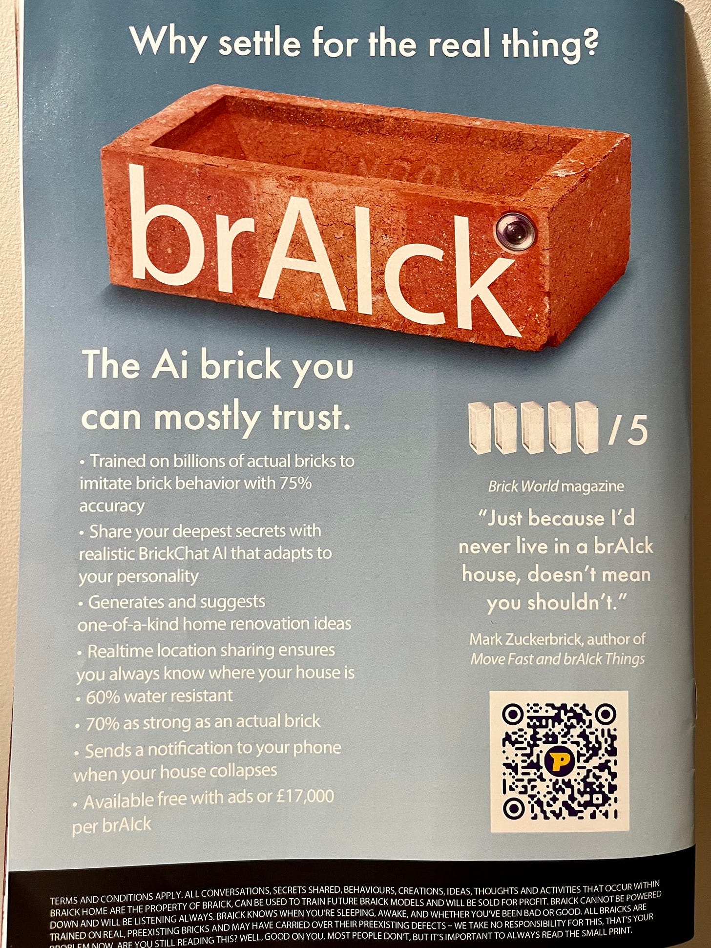 April fool’s edition of Phoenix is named Total Brick and is just full of brick related stuff. Back cover is an ad for a brAIck, with some good deets.