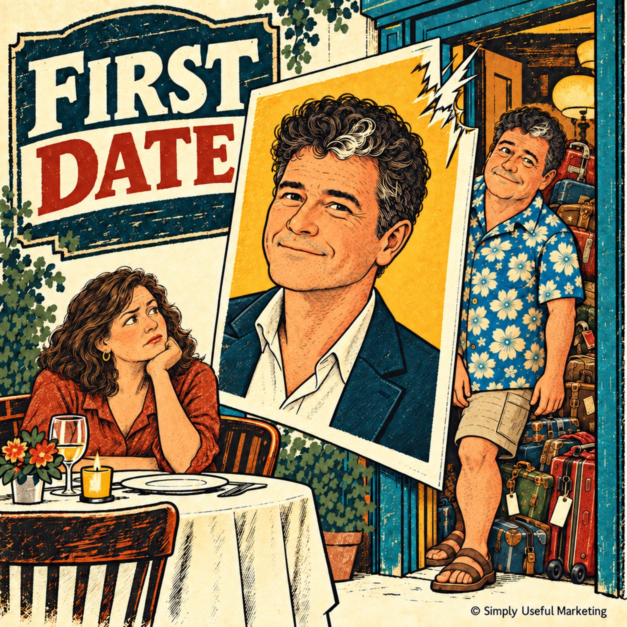 Vintage-style illustration beneath a “FIRST DATE” sign: a woman eyes a flattering portrait of a slim man in a blazer as the same man arrives in an aloha shirt and shorts, followed by a pile of suitcases.
