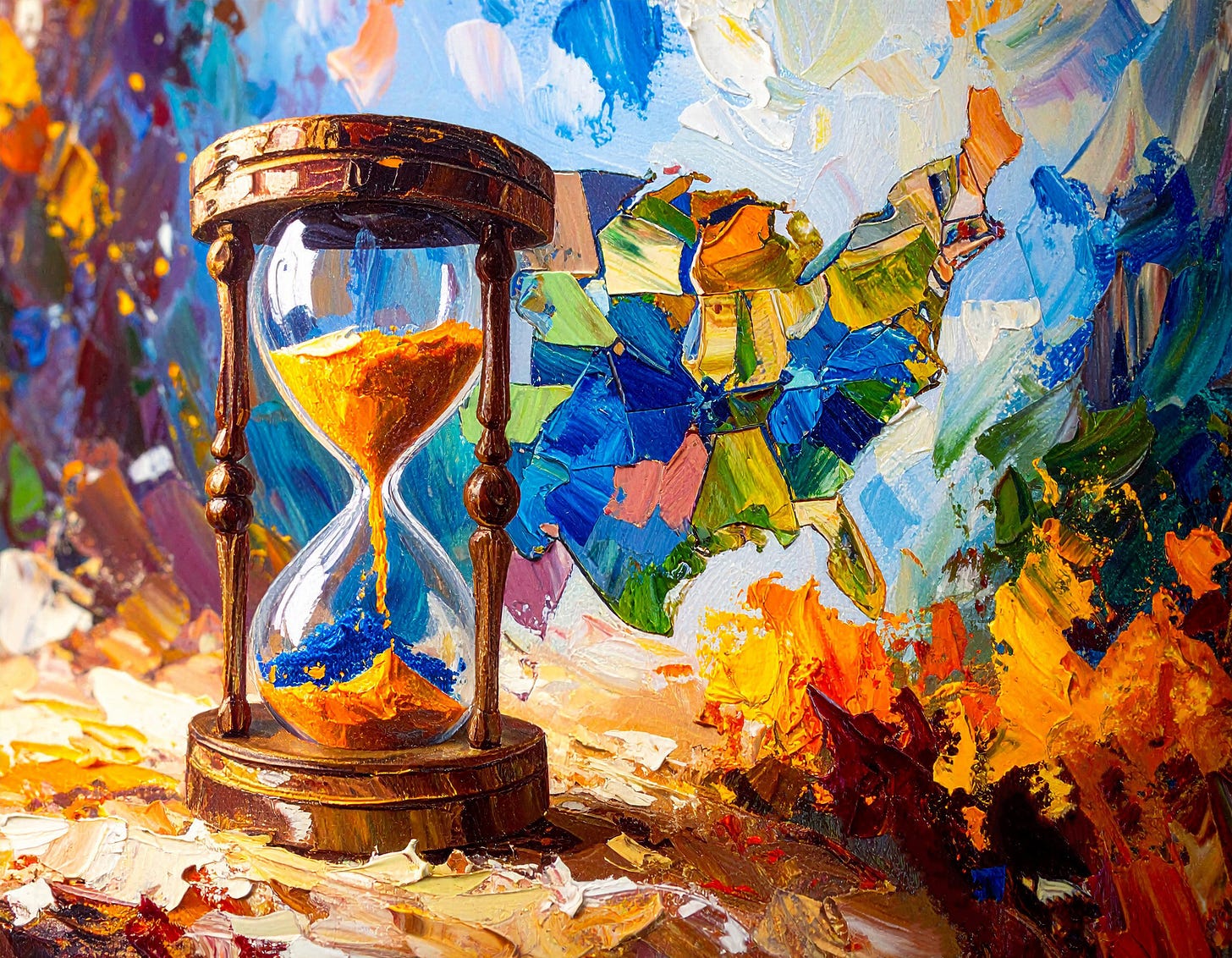 This is an AI-generated image of an hourglass in front of a map of the United States.