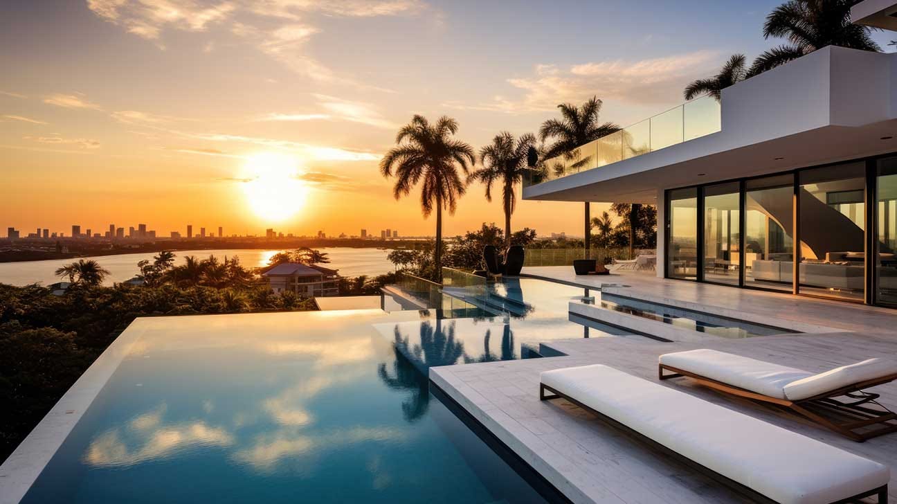 Expensive high-end rehab facility with infinity pool at sunset