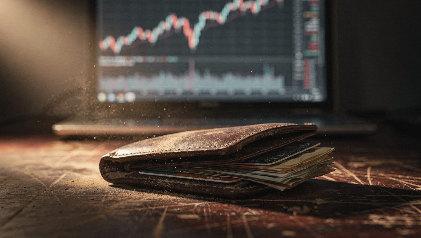 Photorealistic editorial photograph for a financial blog header. A weathered leather wallet resting on an old wooden desk, partially open, with stock market charts and candlestick graphs visible on a blurred screen in the background. Soft, dramatic side lighting. A thin layer of dust on the wallet suggests it has not been touched in years. Muted color palette: deep browns, warm ambers, and cool grays. Shallow depth of field. Cinematic composition, wide aspect ratio 16:9. No people, no text, no logos. High resolution, professional financial journalism aesthetic.