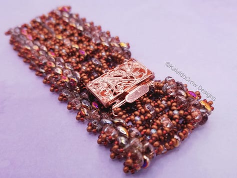 Photos of a beaded cuff bracelet in tones of copper and red with a bright copper box clasp