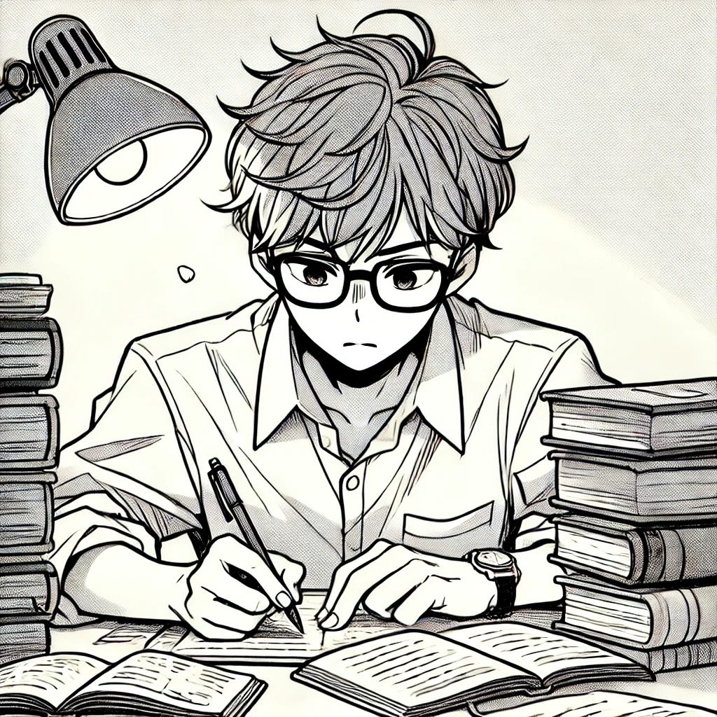 A simple manga-style drawing of a person studying intensely. The character, a young adult with short messy hair and glasses, is surrounded by stacks of books and papers. They have a determined expression, furrowing their brows while writing in a notebook. A desk lamp casts light on their workspace. The background is minimal, focusing on the character’s concentration and effort.