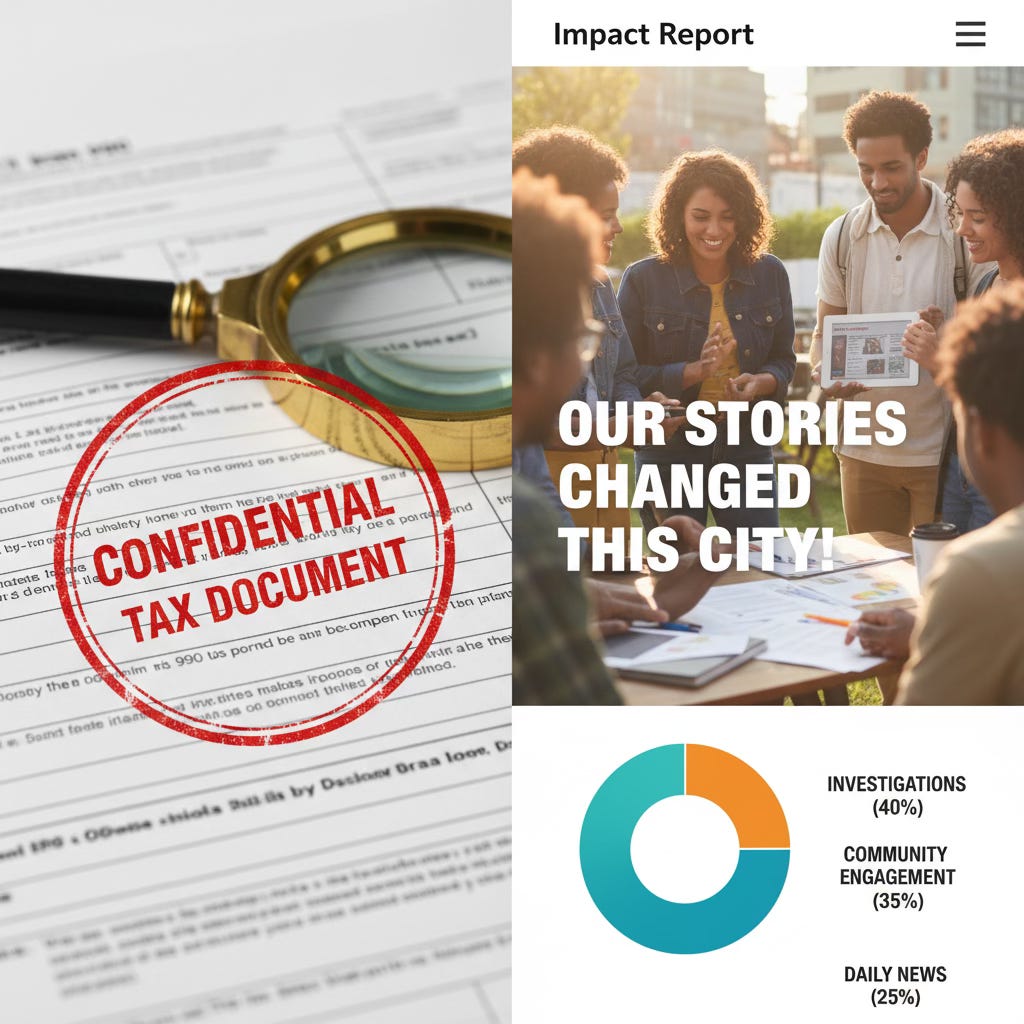A side-by-side graphic contrasting two documents. The left side shows a dense tax form under a magnifying glass, representing an uninviting 990. The right side shows a vibrant, modern impact report with a photo of engaged community members and a clear chart showing the organization's work. A side-by-side graphic contrasting two documents. The left side shows a dense tax form under a magnifying glass, representing an uninviting 990. The right side shows a vibrant, modern impact report with a photo of engaged community members and a clear chart showing the organization's work.