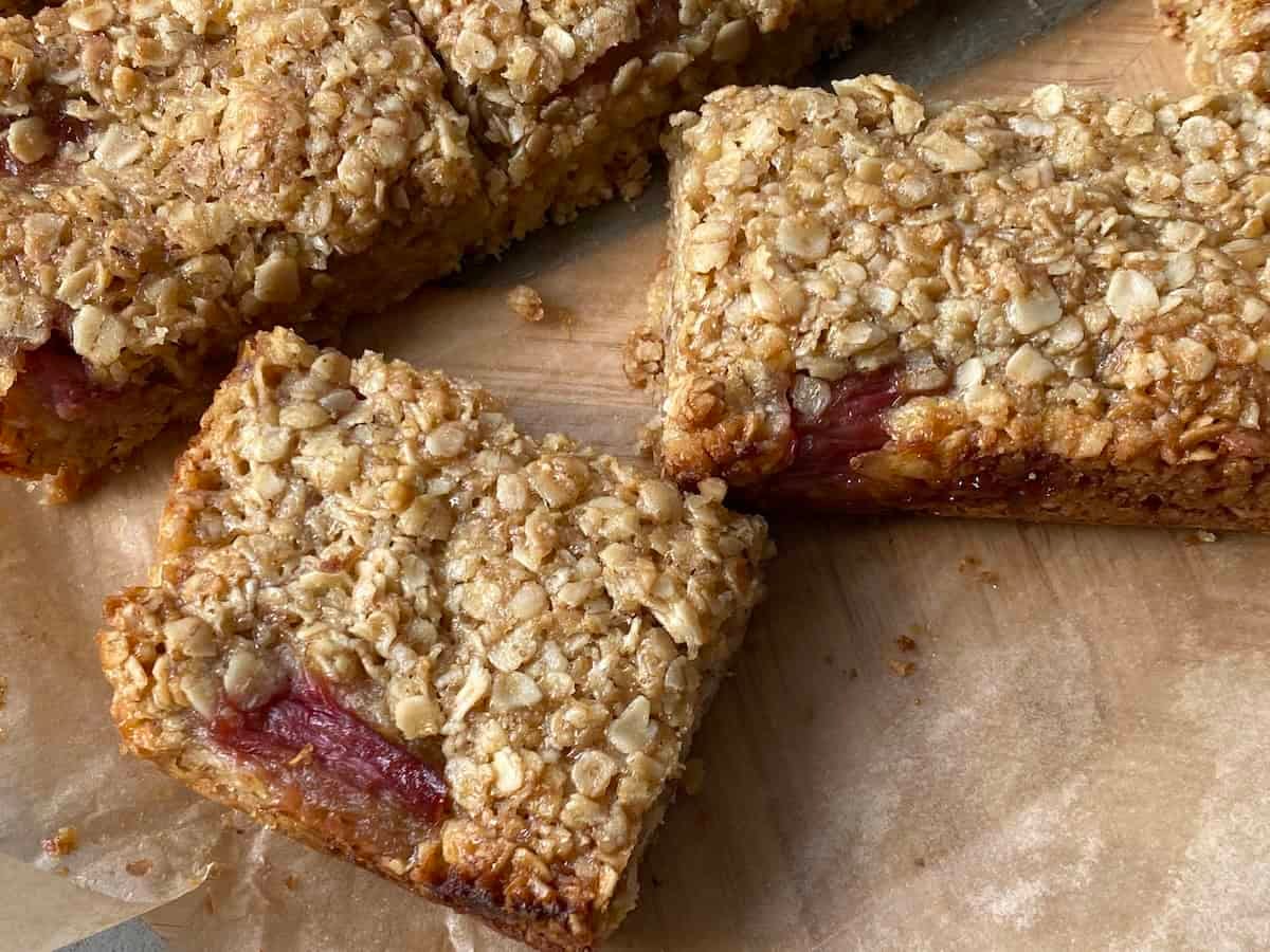 Slices of firm non soggy Rhubarb and Ginger Flapjacks. Slices of firm non soggy Rhubarb and Ginger Flapjacks.