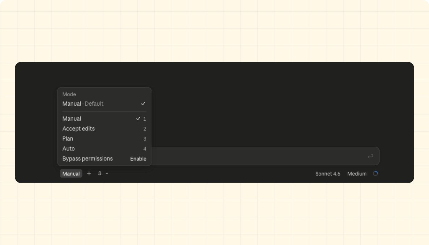 Claude Code app's permission mode selector, showing Auto and Bypass permissions as the two options next to the chat input.