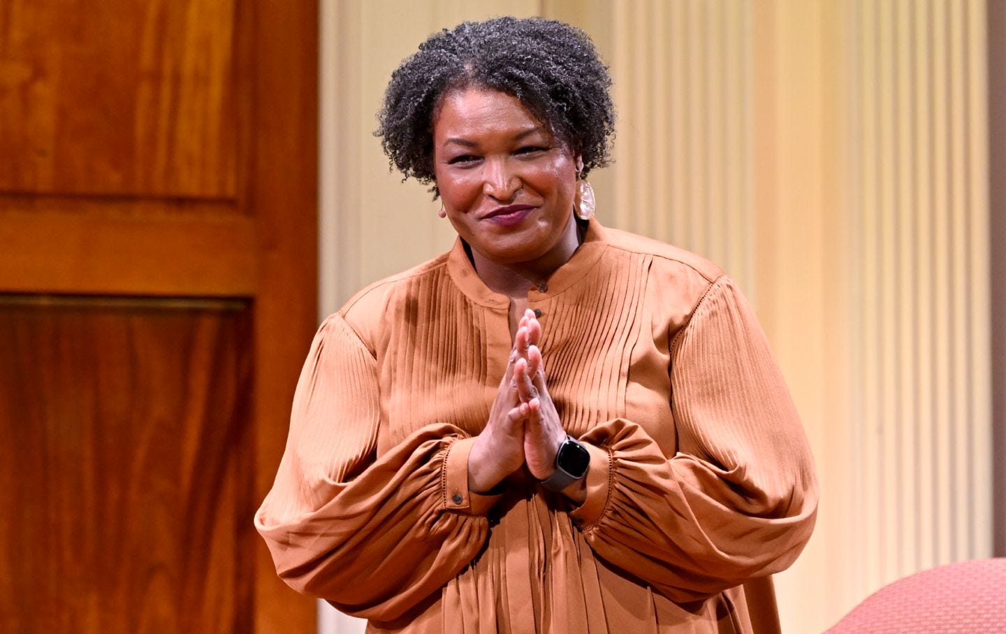 Stacey Abrams discusses her new novel on stage during "Stacey Abrams In Conversation With Dr. Carla Hayden" at Sixth & I Synagogue on July 24, 2025 in Washington, DC. Stacey Abrams discusses her new novel on stage during "Stacey Abrams In Conversation With Dr. Carla Hayden" at Sixth & I Synagogue on July 24, 2025 in Washington, DC.