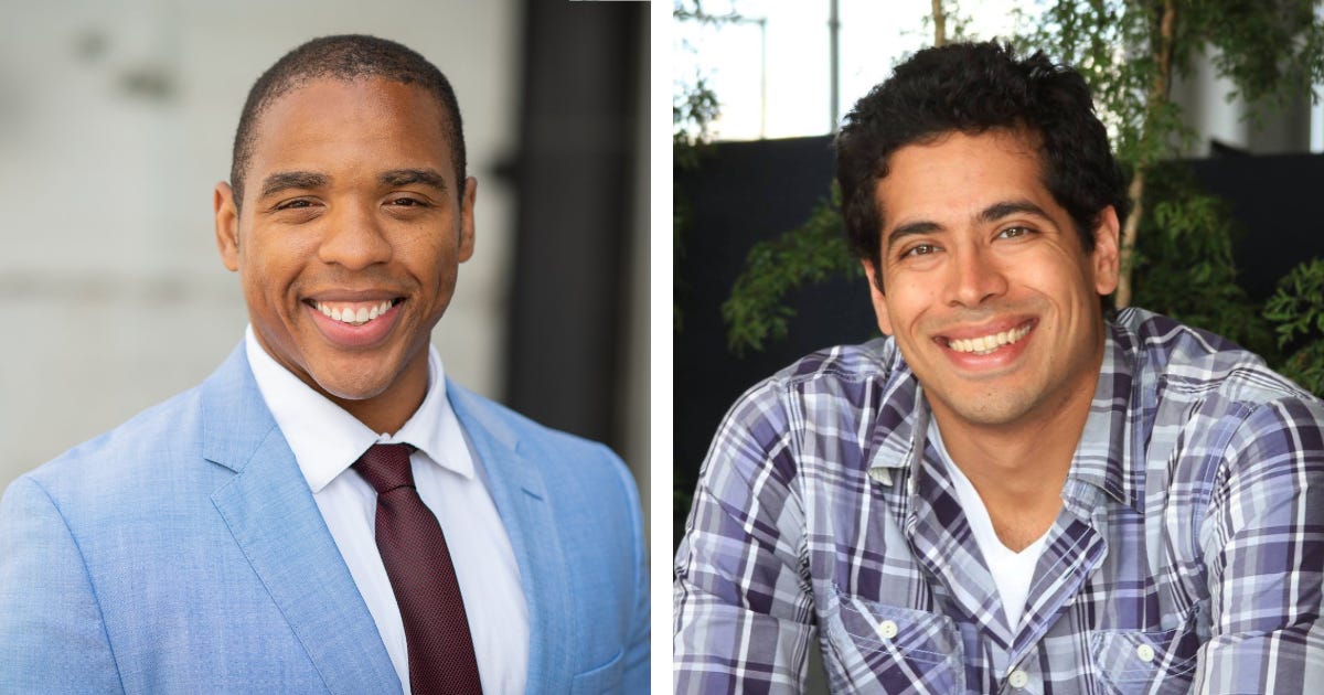 Two headshot photos. At left, a smiling Black man in a light blue suit and a dark red tie. At right, an Indian-American man smiles in a purple and white gingham shirt with plants in the background.