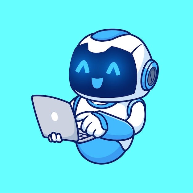 Cute Robot Working On Laptop Cartoon Vector Icon Illustration Science Technology Isolated Flat