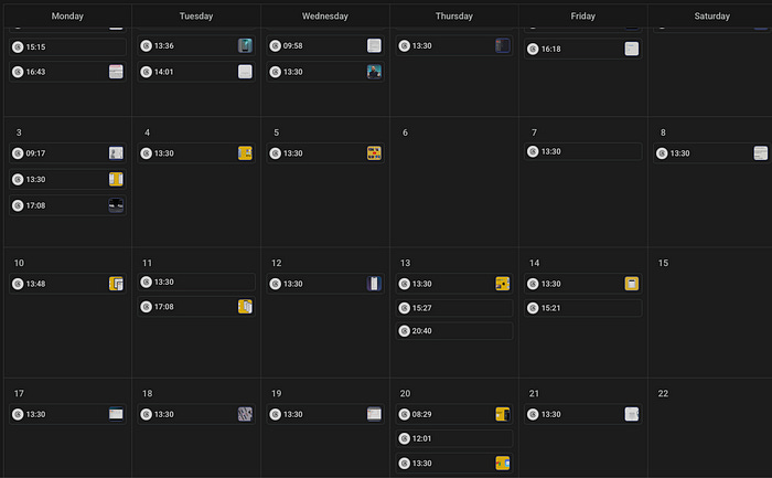 Monthly content calendar view in Buffer showing scheduled content publishing dates and times for a digital creator. Monthly content calendar view in Buffer showing scheduled content publishing dates and times for a digital creator.