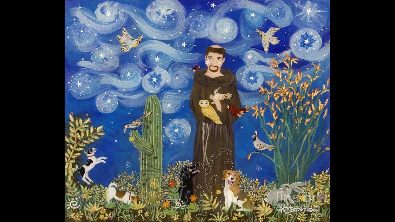 A painting of a person holding birds and animals

AI-generated content may be incorrect.