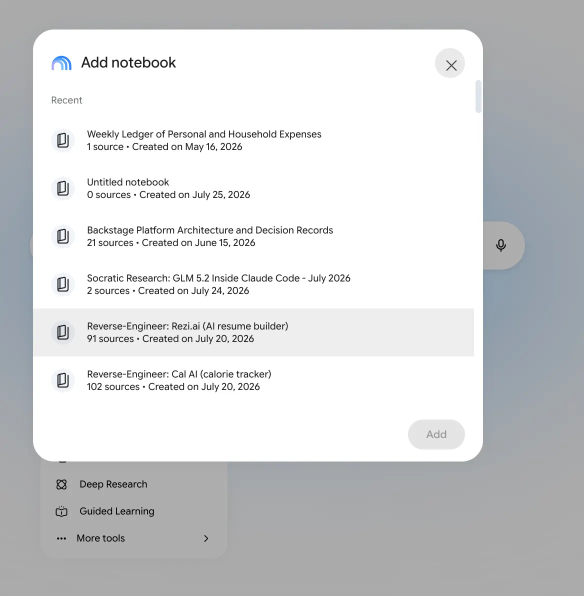 Add notebook dialog in Gemini listing recent Gemini Notebook sources