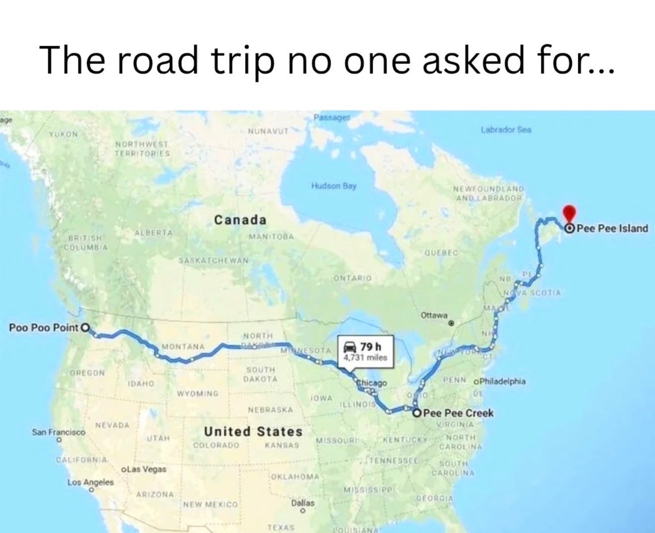 A map showing a road trip across the U.S. from Poo Poo Point to Pee Pee Island, with a stop at Pee Pee Creek along the way, titled The road trip no one asked for A map showing a road trip across the U.S. from Poo Poo Point to Pee Pee Island, with a stop at Pee Pee Creek along the way, titled The road trip no one asked for