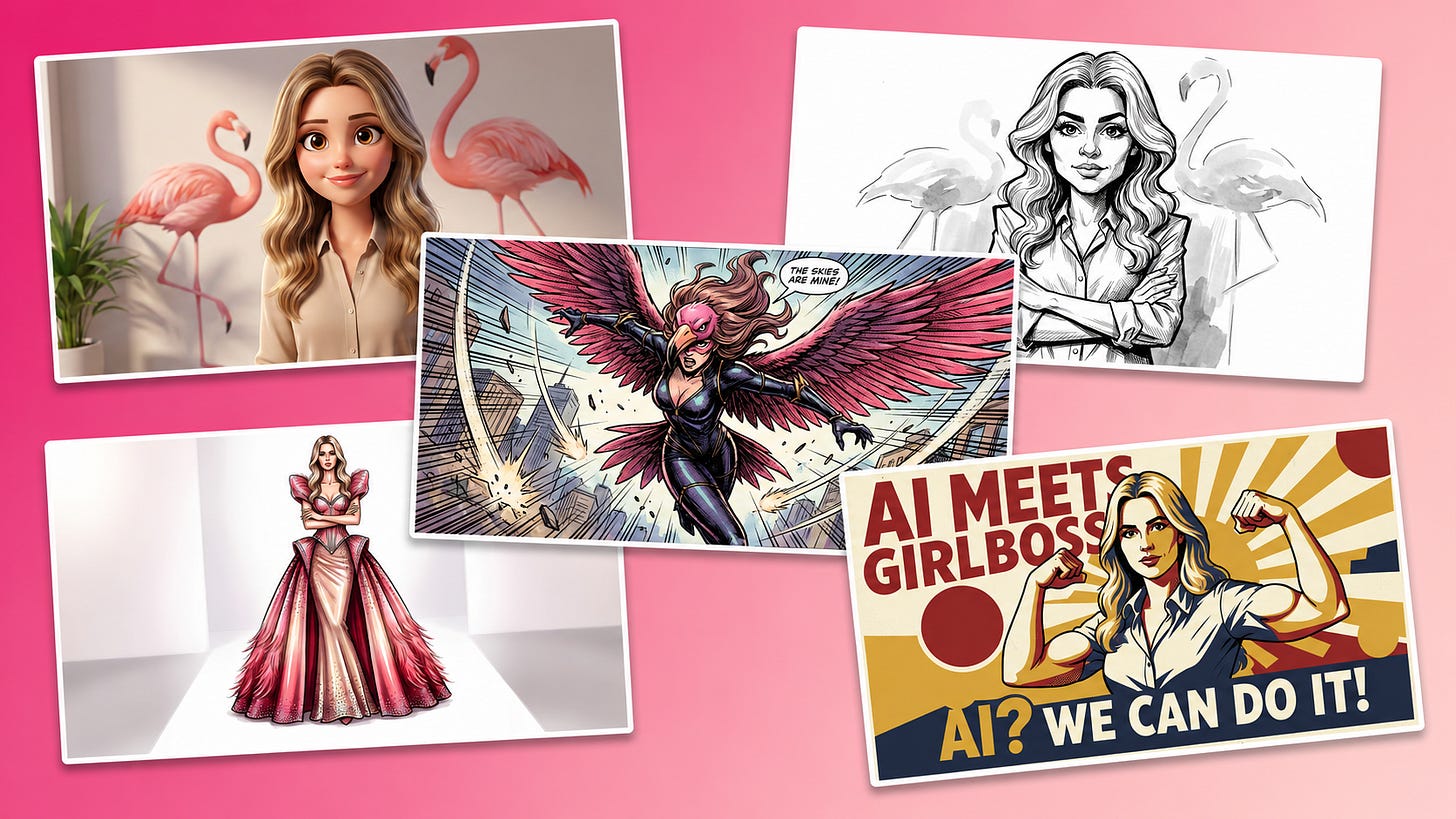 Five final AI illustration styles of Pinkie created with Nano Banana: comic, 3D cartoon, fashion illustration, caricature, and retro poster
