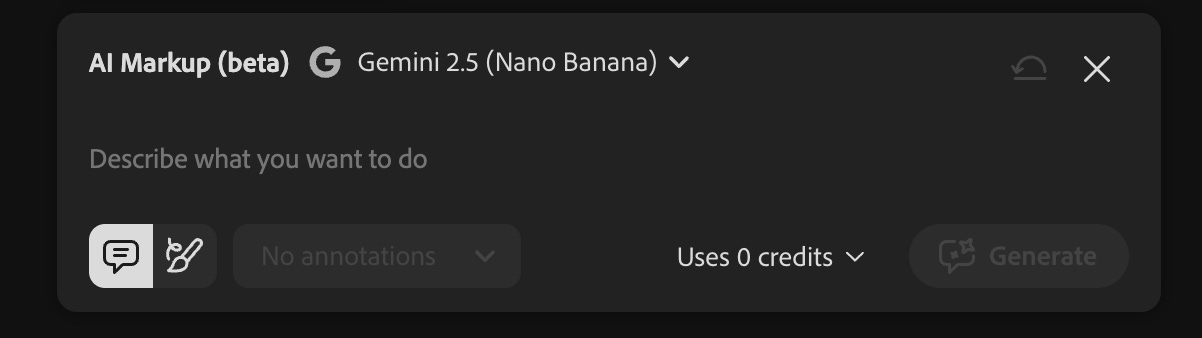 Photoshop AI Markup interface showing the prompt field and model selector set to Gemini 2.5 (Nano Banana), where users can describe edits after marking an area on the image.