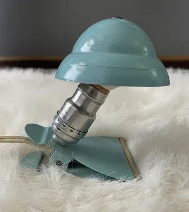 BLUE MiniVintage MCM Art Deco Clip On Nightlight Lamp Reading Light Helmet Shade - Picture 2 of 11