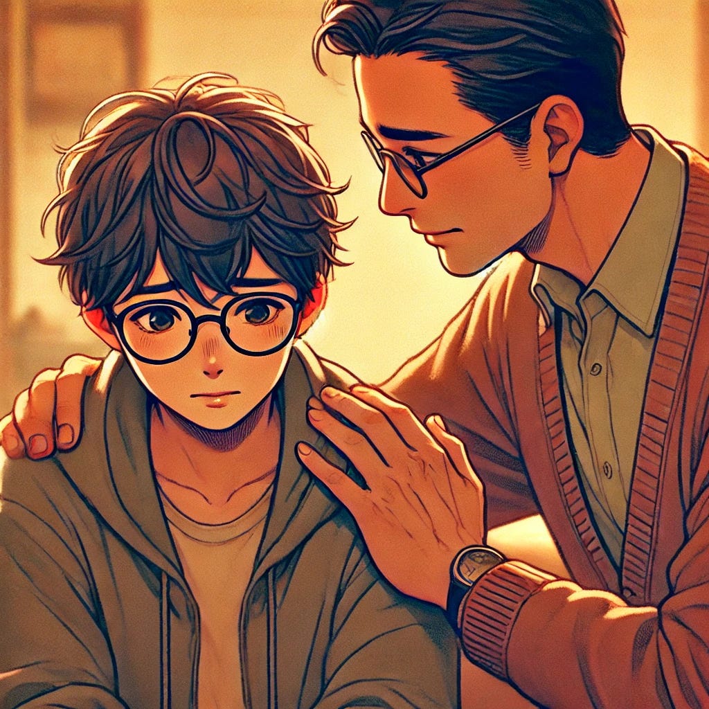 A heartfelt illustration of a father placing his hands gently on the shoulders of his half-Japanese son, who is wearing glasses. The father has a caring expression and is speaking calmly to reassure his son. The son appears slightly distressed, with a worried or anxious expression, but he is listening attentively. The setting is warm and comforting, such as a cozy living room with soft lighting. The focus is on the emotional connection between the father and son, capturing a tender moment of understanding and support.