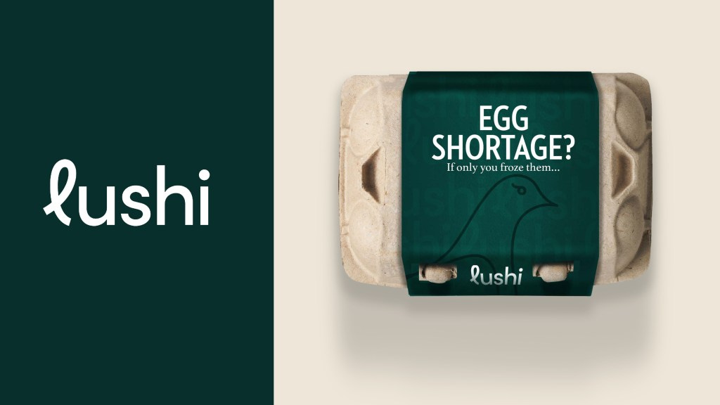 Stefen D'Angelica promoting Lushi's fertility service with a blue egg, concept for 'Fertilized, not Scrambled' campaign