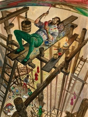 This may contain: a painting of a man laying on top of a wooden structure with lots of objects around him This may contain: a painting of a man laying on top of a wooden structure with lots of objects around him