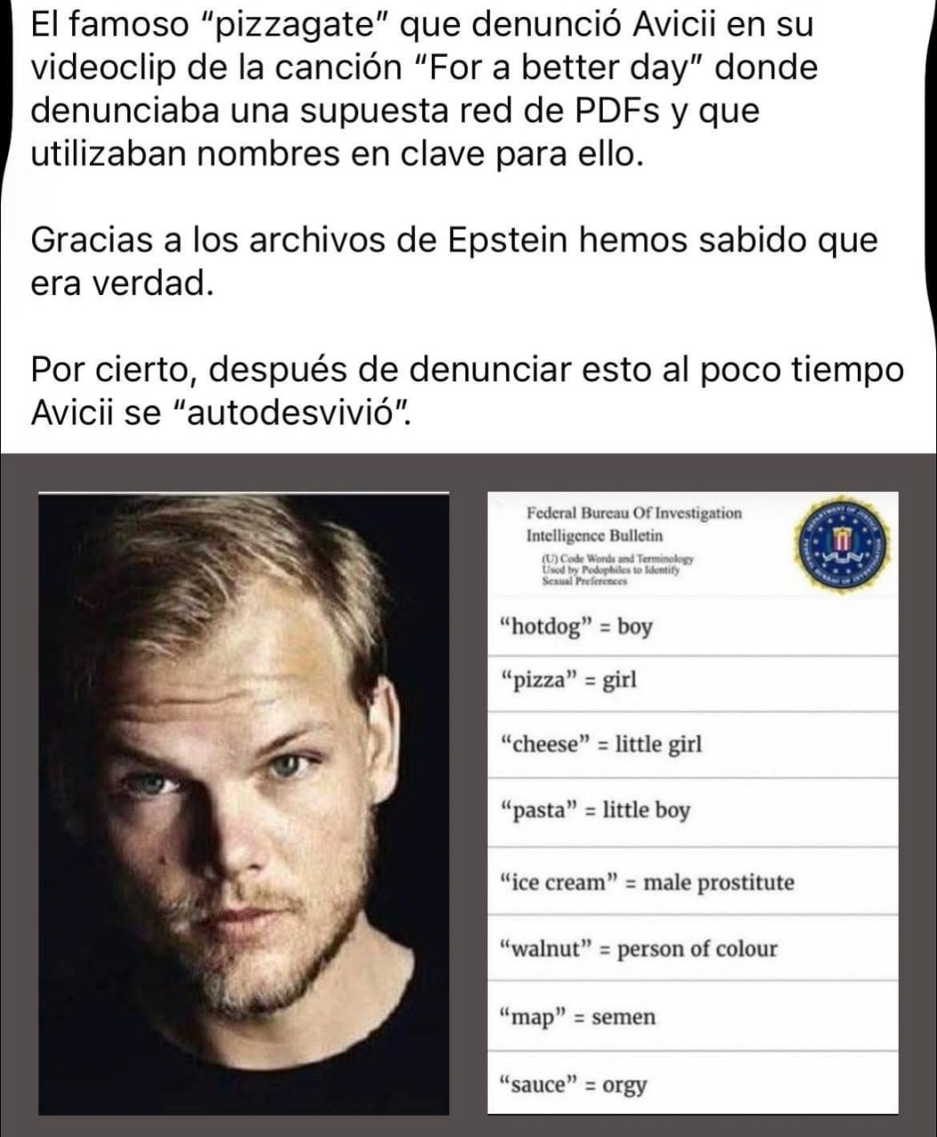 An image dedicated to Pizzagate and its connection to Avicii, containing text surrounding the code words used in the FBI report.