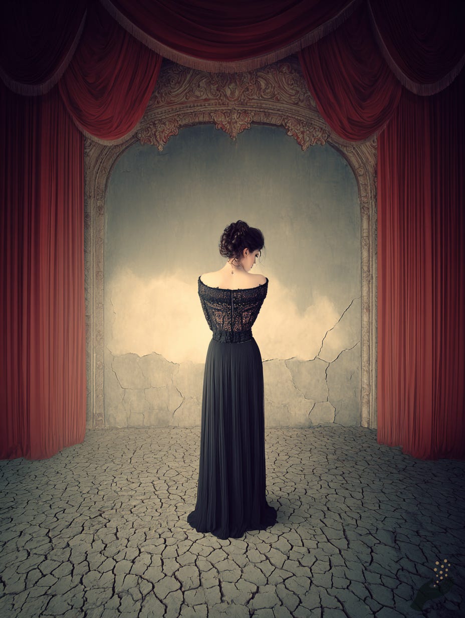 Stylized image of a woman in a long dark dress seen from behind before parted red stage curtains. 