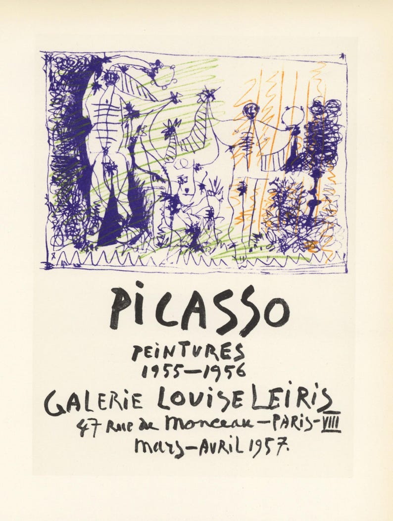 May include: A print of a Picasso artwork with a colorful abstract design in blue, green, and orange. The print includes the name "PICASSO" in large black letters, along with details about a gallery exhibition in Paris.