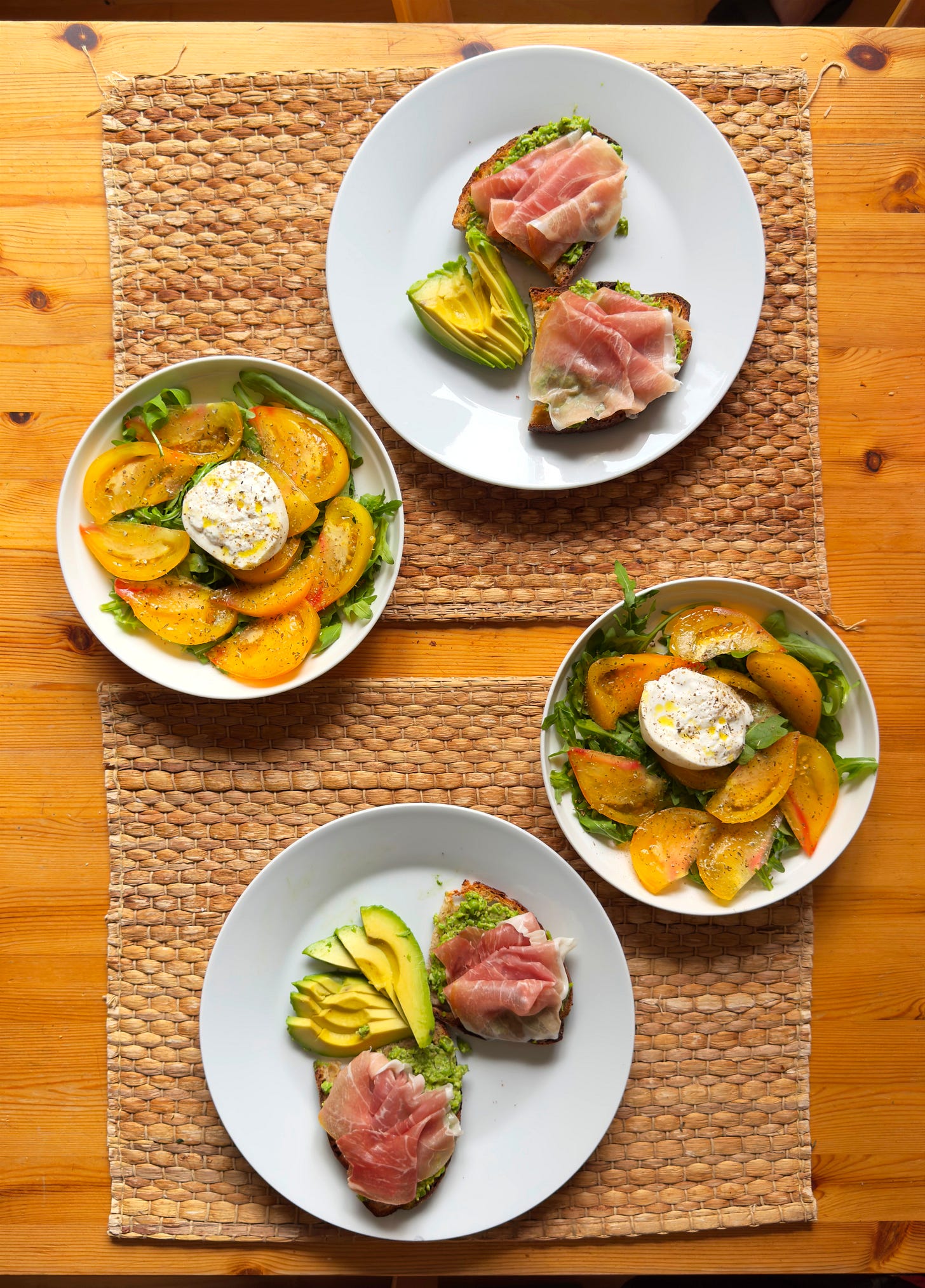 Mashed pea toast with prosciutto and burrata—~30 g protein in 8 minutes.