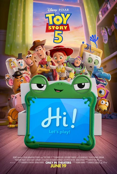 Movie posters of the Devil Wears Prada 2, toy Story 5 and Hannah Montana 20th Anniversary.