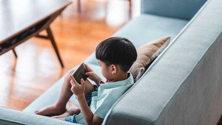  boy using smart phone in the living room