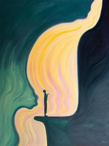 This may contain: a painting of a person standing at the edge of a cliff