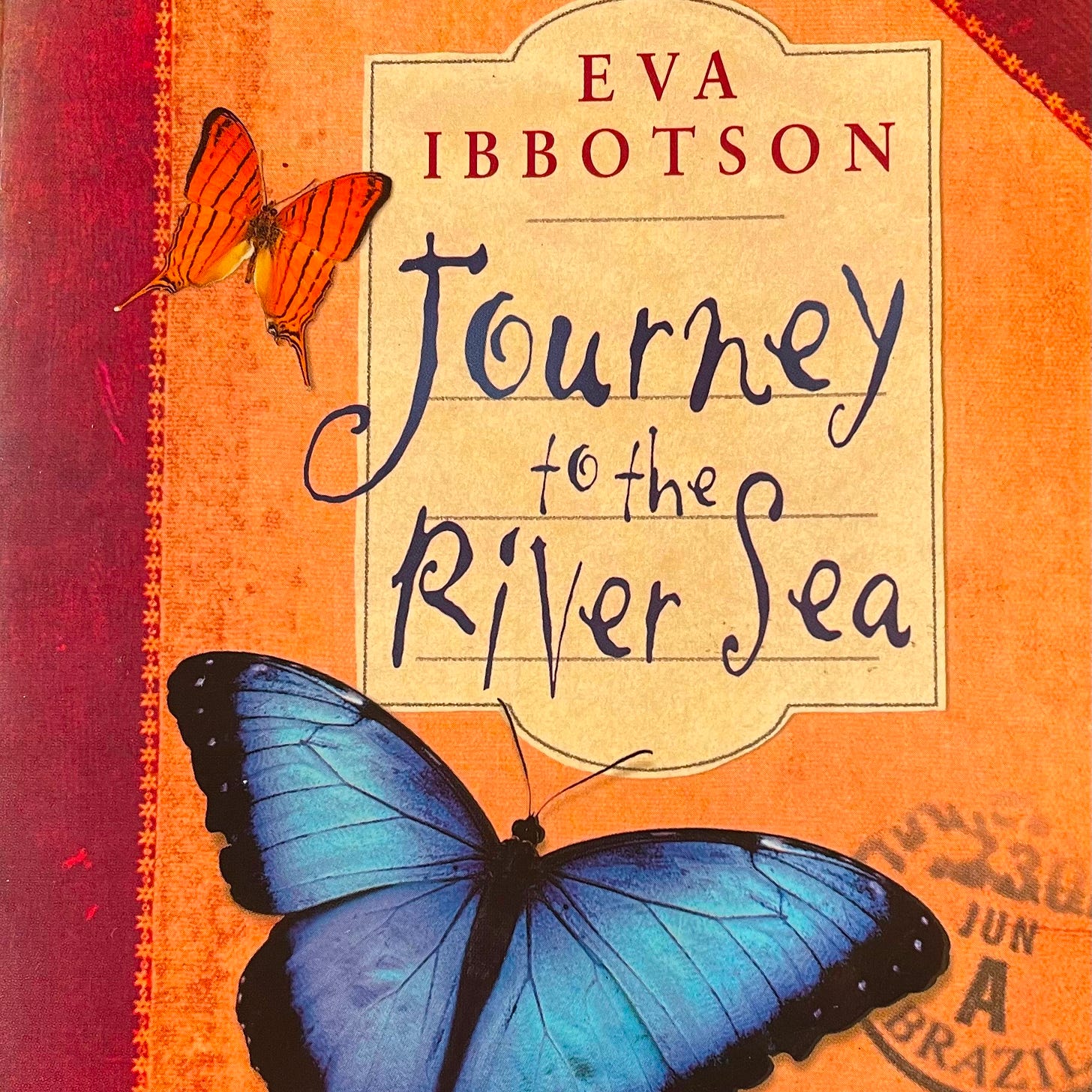 A book cover showing Eva Ibbotson's Journey to the River Sea, featuring bright blue and red butterflies against an orange background