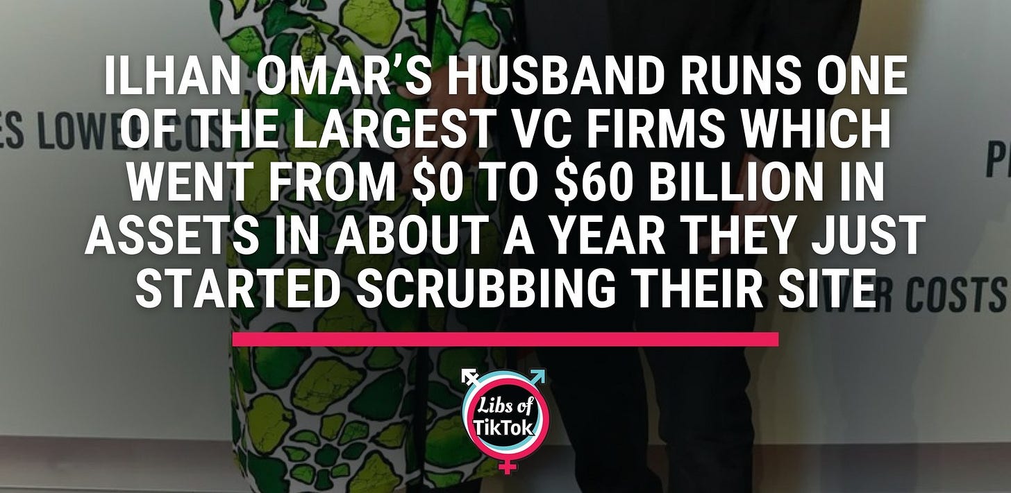 May be an image of one or more people, hospital and text that says 'PRICES PROTECT PATIENTS LOWER COSTS あと OWER COS ILHAN OMAR'S HUSBAND RUNS ONE S LOWOF LOW OF THE LARGEST VC FIRMS WHICH WENT FROM $O TO $60 BILLION IN ASSETS IN ABOUT A YEAR THEY JUST STARTED SCRUBBING THEIR SITE Libs Tik TikTok'