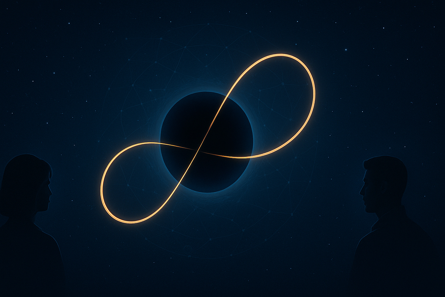 Golden thread looping around a black hole, forming an infinity stitch; faint field nodes and two silhouettes against a deep starfield.