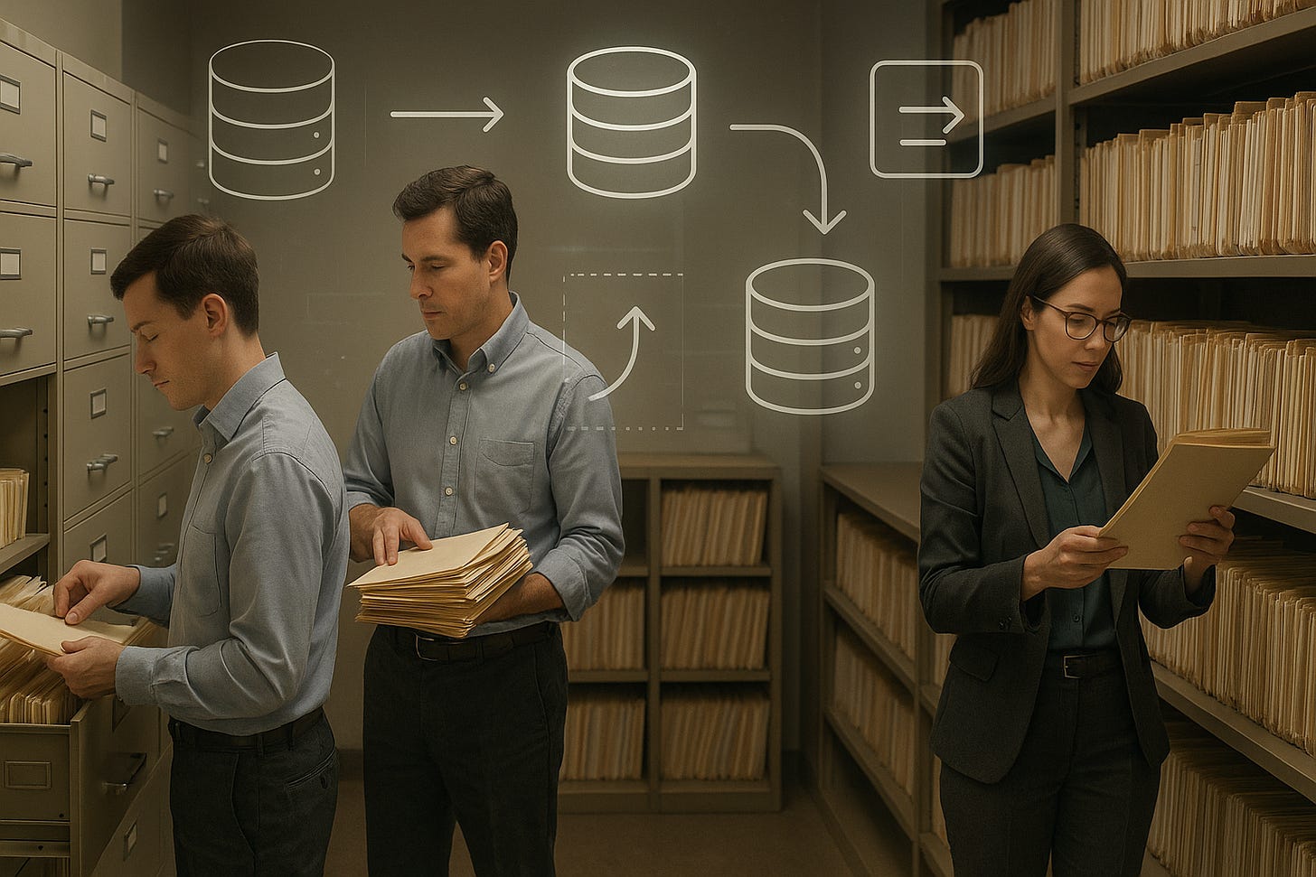 Three professionals in archive room with database diagram overlay showing data flow architecture. 