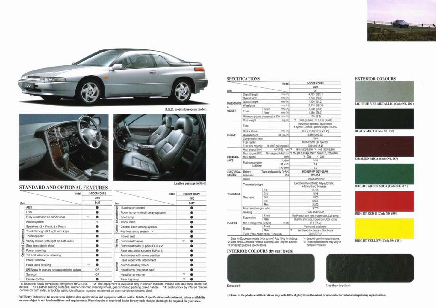 Subaru SVX 1994 brochure colours technical specifications