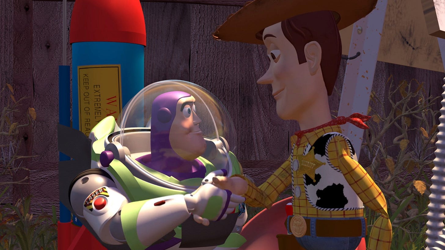 Toy Story | Still features Woody shaking hands with Buzz Lightyear.