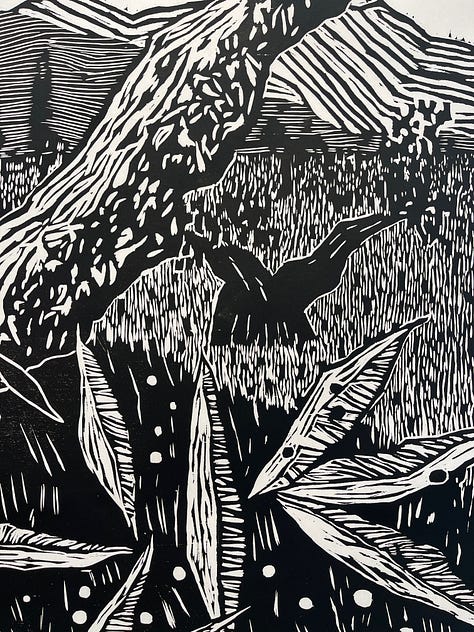 Large scale black and white woodcut by artists, Michael Rich