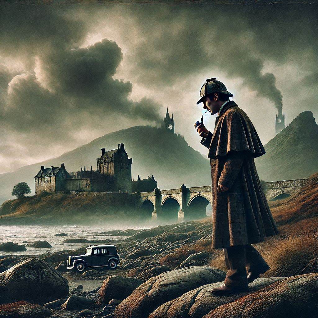 sherlock holmes in atmospheric scotland in the style of gustav dore