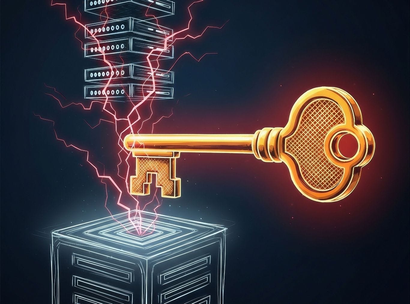 An isometric view of a server rack where a large, glowing golden skeleton key is inserted into the foundation layer. The key turns, sending red fractures of malicious energy upward into the virtual machines stacked above, symbolizing a hypervisor compromise.
