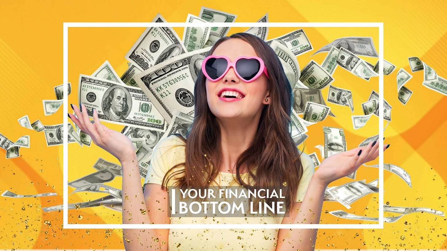 A smiling girl wearing pink heart-shaped sunglasses with money swirling around her