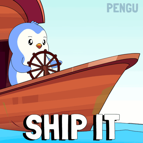 a cartoon of a penguin steering a boat with the words ship it below him