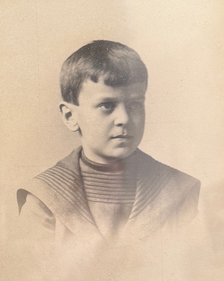Left: Young boy wearing a sailor-style collar in a nineteenth-century portrait. Right: Young girl with center-parted hair and lace collar in a nineteenth-century portrait.