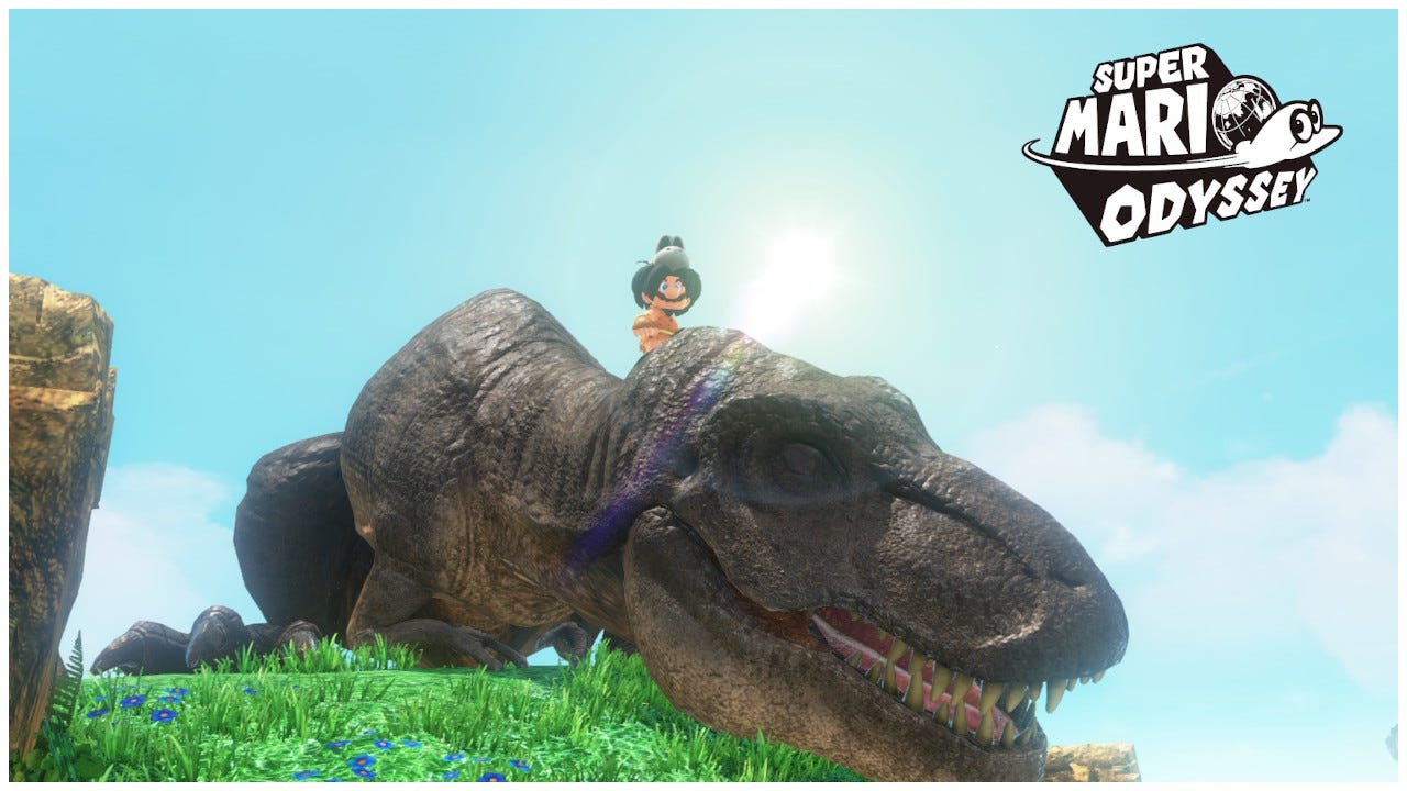 Mario, in a caveman outfit, stands on top of a sleeping T-rex.