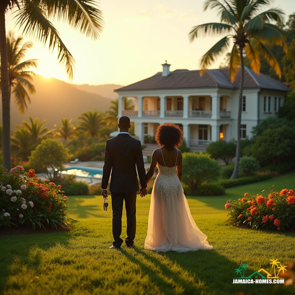 A stately Jamaican mansion, nestled in the lush hills, its grandeur bathed in warm, golden light, as a couple, dressed in elegant attire, stands on the manicured lawn, looking out at the breathtaking view, surrounded by lush greenery and vibrant tropical flowers, the atmosphere is one of serenity and accomplishment, as they hold the keys to their new home, a symbol of their equitable remedies in the Jamaican real estate market, cinematic lighting casts a warm glow on the scene, with subtle film grain and vignette
