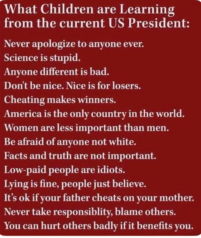 Red background with white text listing satirical lessons from the current US President: Never apologize to anyone ever, Science is stupid, Anyone different is bad, Do not be nice Nice is for losers, Cheating makes winners, America is the only country in the world, Women are less important than men, Be afraid of anyone not white, Facts and truth are not important, Low-paid people are idiots, Lying is fine people just believe, It is ok if your father cheats on your mother, Never take responsibility blame others, You can hurt others badly if it benefits you. Title in larger font: What Children are Learning from the current US President.